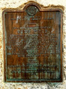 Erected in 1934, it reads: This is the southwest corner of Camp Weld. Established September 1861 for Colorado Civil War Volunteers. Named for Lewis L. Weld, First Secretary of Colorado Territory. Troops leaving here February 22nd, 1862 won victory over Confederate forces at La Glorieta, New Mexico. Saved the Southwest for the Union. Headquarters against the Indians 1864-65. Camp abandoned 1865.