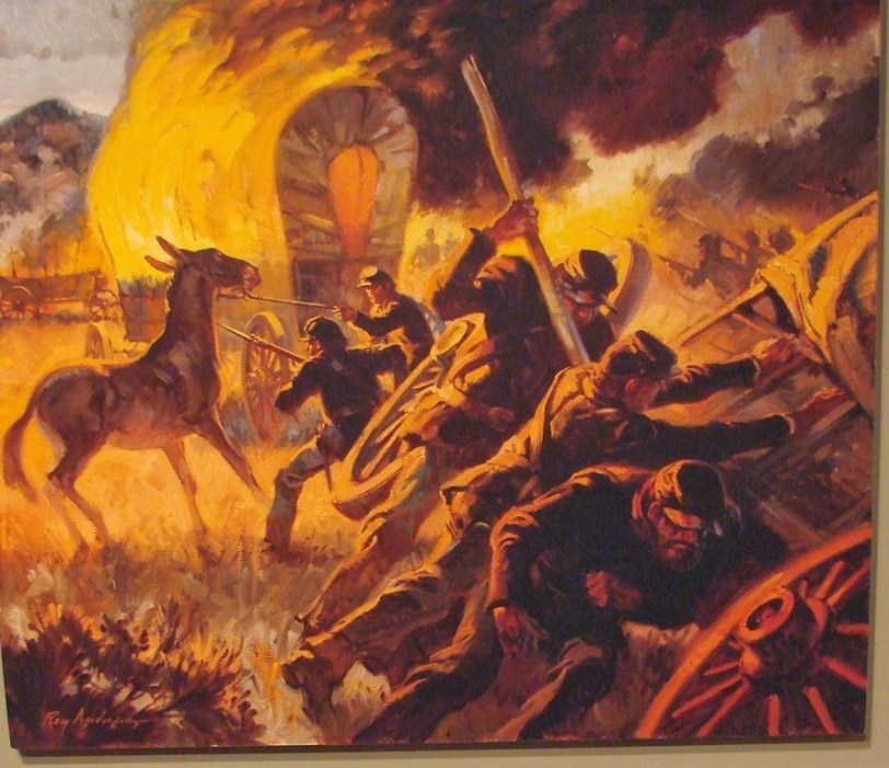 Burning of Wagon Train at Apache Canyon. Painted by Roy Anderson