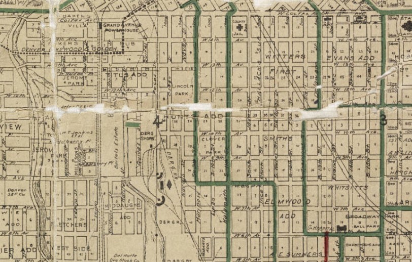 Map of the city of Denver, showing the lines of the Denver City Tramway Co--also the terminal properties of the Northwestern Terminal Railway Co. known as the Moffat Road Terminals (Zoomed) .  Courtesy DPL, Western History Collection CG4314.D4 1906.B3