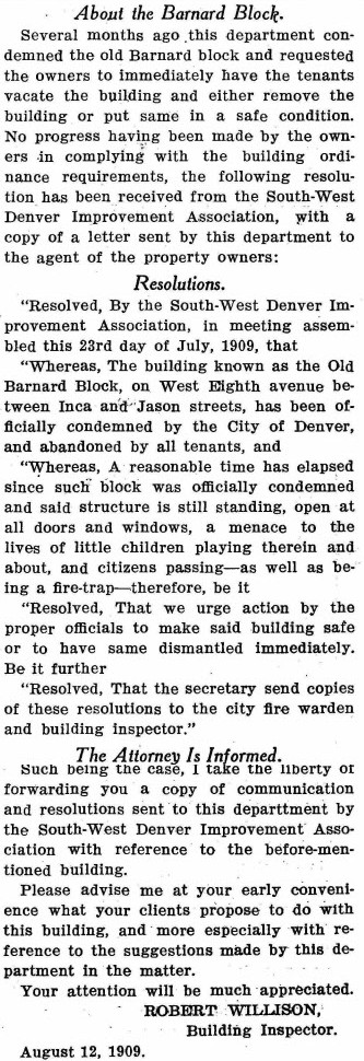 About the Barnard Block, City has Building Condemned from Denver Municipal Facts: Volume 1 Number 29, 1909 September 4. Courtesy DPL Western History Collection C352.078883 D4373mu