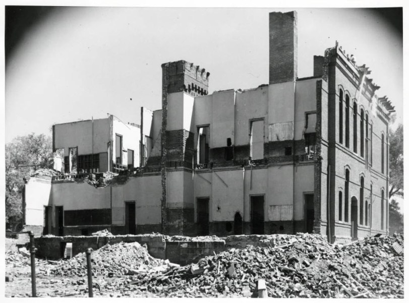 Photograph of the demolition of the old Central School building in Denver, Colorado. 1952 July 7. Courtesy DPL Western History Collection WH 1990