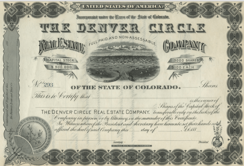 Denver Circle Real Estate Company Stock Certificate. Courtesy DPL Western History Collection WH1503