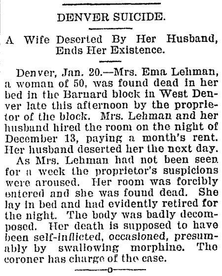 Denver Suicide at 8th and Kalamath's Barnard Block- Aspen Weekly Times 1896 January 25