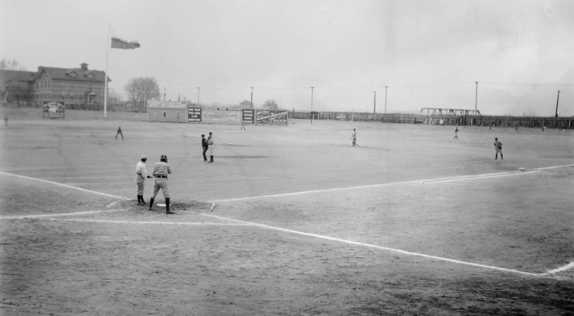 Members of the Denver Bears play baseball at Broadway Park at Broadway and 6th (Sixth) Avenue in Denver, Colorado. Pearl "Casey" Barnes is at bat. [1900] Courtesy History Colorado Collection CHS-B1063