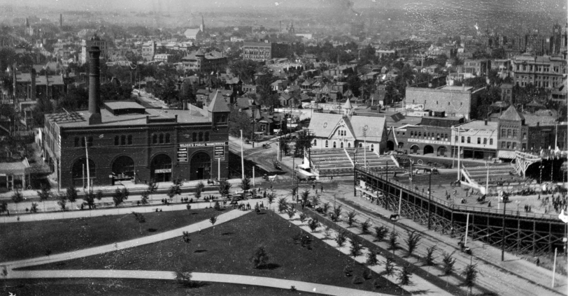 First Broadway Baseball Park from atop Denver Capitol Building, overlooking Colfax and Broadway. Courtesy DPL Western History Collection X-22577