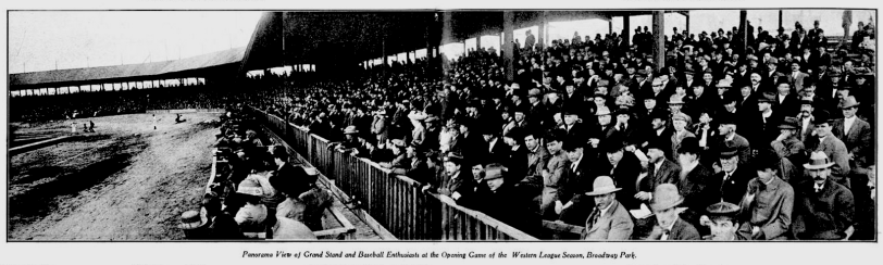 Panorama View of Grand Stand and Baseball Enthusiasts at the Opening Game of the Western League Season, Broadway Park 1910. Courtesy DPL Western History Collection C352.078883 D4373mu